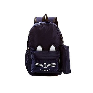 Mochila Escolar Feminina Gatinha Azul Marinho Bolsa+Estojo