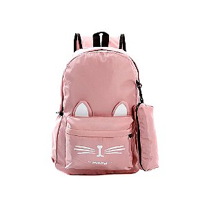 Mochila Escolar Feminina de Gatinha Pink Bolsa+Estojo - Chic