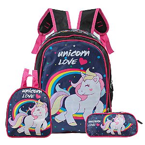 Mochila Escolar Infantil Unicórnio Roxa Lancheira+Estojo