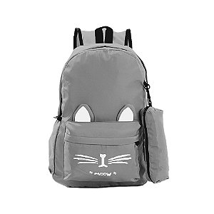 Mochila Feminina Escolar de Gatinha Cinza Bolsa+Estojo