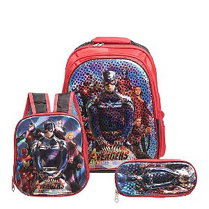 Mochila Escolar Vingadores Marvel Meninos Lancheira+Estojo