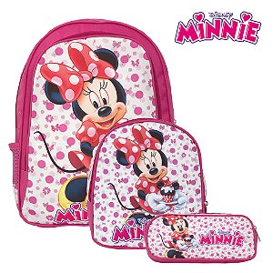 Mochila Escola Infantil Minnie Mouse Disney Lancheira+Estojo