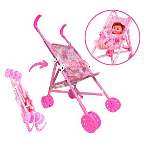 Carrinho de Boneca Infantil Ninos Passeio Dobravel Rosa Luxo