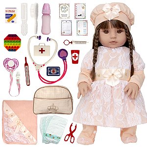 Boneca Bebê Silicone Cabelos Castanhos Roupa Salmão + Itens