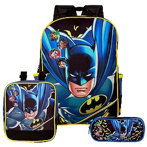 Mochila Masculina Batman de Costas + Kit Lancheira e Estojo