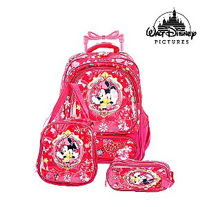 Kit Mochila Infantil Escolar Minnie Com Rodinhas Disney