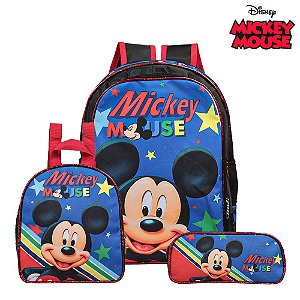 Kit Mochila Escolar Bolsa Mickey Mouse Meninos Preta Costas