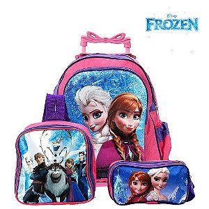 Kit Mochila Escolar Infantil Rosa Frozen Elsa e Anna Rodinha