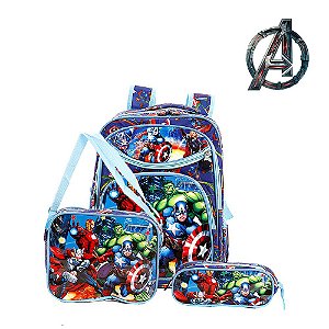 Kit Mochila Infantil Escolar Avengers Marvel Azul de Costas