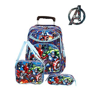 Kit Mochila Infantil Escolar Avengers Marvel Azul Rodinhas