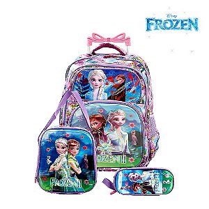 Kit Mochila Infantil Escolar Frozen 2 Elsa e Anna 3D Rodinha