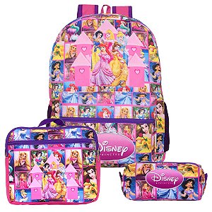 Mochila Feminina Infantil Princesas + Lancheira Estojo Costa