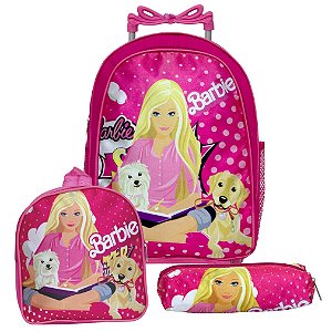 Kit Mochila Escolar Infantil Barbie Mattel Rosa Com Rodinhas