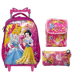 Kit Mochila Escolar Infantil Princesas Disney com Rodinhas