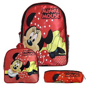 Mochila Menina Infantil Minnie Lancheira Estojo Vermelho