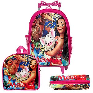 Mochila Infantil de Rodinhas Menina Moana Lancheira Estojo