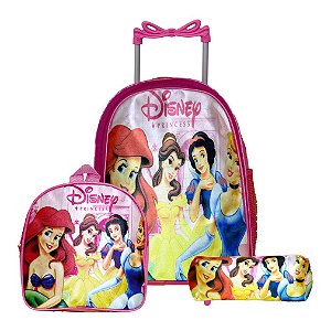 Mochila Feminina Infantil Rodinha Princesas Lancheira Estojo