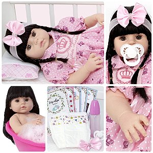 Boneca Bebe Reborn Silicone Realista Morena Roupão 20 Itens - Chic