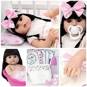 Boneca Reborn Panda Corpo de Silicone 13 Acessórios Morena - Chic