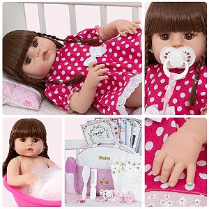 Boneca Bebe Reborn Silicone Realista Morena Roupão 20 Itens - Chic