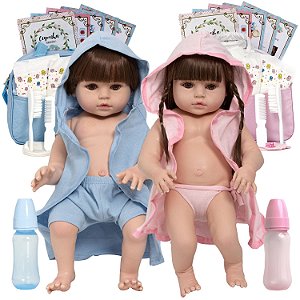 Bebe Reborn Gêmeos Casal 100% Silicone Bolsa 36 Acessórios - Chic Outlet -  Economize com estilo!