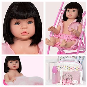 Boneca Reborn Realista Menina 46cm Enxoval Completo Carrinho