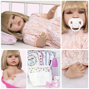 Boneca Bebê Reborn Corpo Silicone Loira Rosa Com Bolsa - ShopJJ