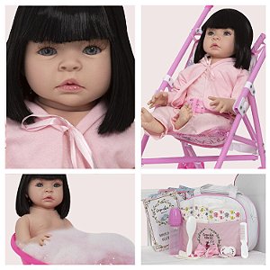 Boneca Reborn Realista Bebê Morena Kit 20 Itens Carrinho