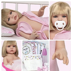 Boneca Reborn Bebê Loira Com Roupão Kit 12 Acessórios Banho