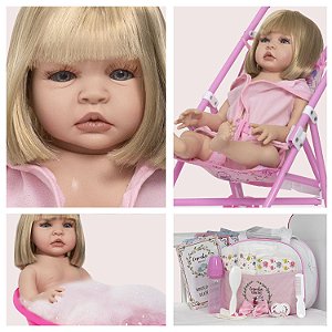 Boneca Reborn Bebê Loira Roupão Enxoval Completo + Carrinho