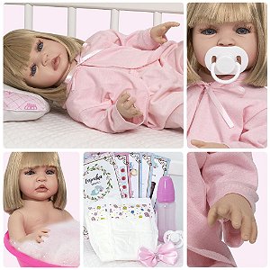 Boneca Reborn Realista Loira Linda Conjunto Pijama + Roupão