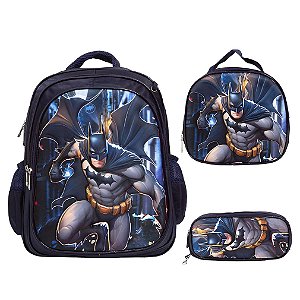 Kit Mochila Infantil Menino Costas Batman 3D Com Lancheira