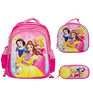 Kit Mochila Infantil Feminina Princesas 3D Costas Tam G