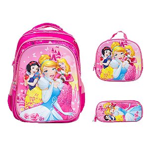 Kit Mochila Infantil Feminina Princesas 3D Costa + Lancheira