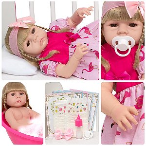 Boneca Bebê Reborn Loira Vestido Flamingo Kit 13 Acessórios