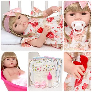 Boneca Reborn Bebê Loira Vestido Florido Kit 13 Acessórios