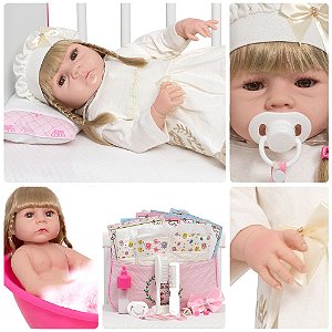 Boneca Reborn Realista Loira Vestido Bege Enxoval Completo