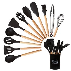 Kit Utensílios De Cozinha Silicone Cabo Madeira 12 Peças