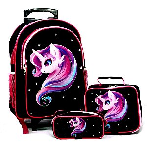 Mochila Unicornio Rodinhas Brilho Pink Glitter Lancheira Estojo Kit