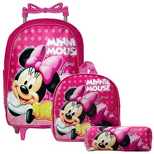 Kit Mochila Escolar Minnie Infantil Com Rodinhas