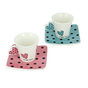 Jogo De Café Com 2 Canecas De Porcelana 90ml E Pires Sweet Love