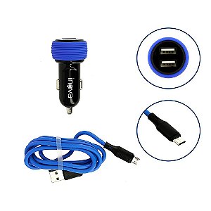 Carregador Para Carro Mega Rápido 3.4A Com 2 Entrada e Cabo Tipo V8 Micro USB Azul e Preto CAR-8335 - Inova