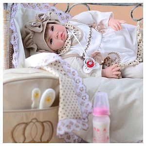 Boneca Bebê Reborn Meu Xodo Princesa Larinha Loira Roupa Creme 53cm com 20 acessórios