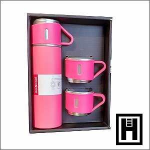 Garrafa Térmica Vacuum Flask Set Pink 500ml Com 3 Xícaras