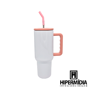 Copo Térmico 1,2ML Branco com Alça e Canudo Rosa