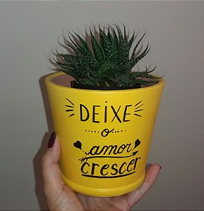 Vaso de cerâmica pintado a mão com os dizeres: "Deixe o amor crescer"