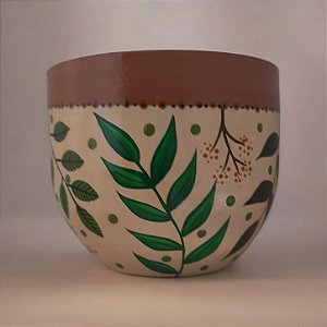 Cachepot de cerâmica vermelha pintado a mão, com folhas
