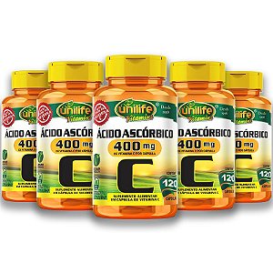 Kit 5 Vitamina C Ácido Ascórbico Unilife 120 Capsulas Veganas