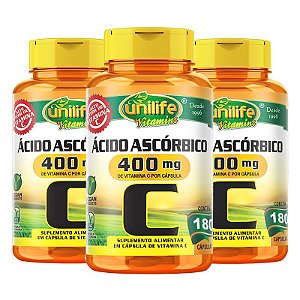 Kit 3 Vitamina C Ácido Ascórbico Unilife 180 Cápsulas Veganas