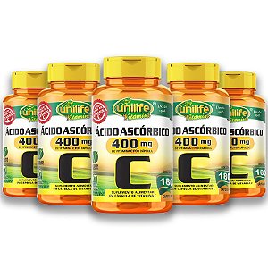 Kit 5 Vitamina C Ácido Ascórbico Unilife 180 Cápsulas Veganas